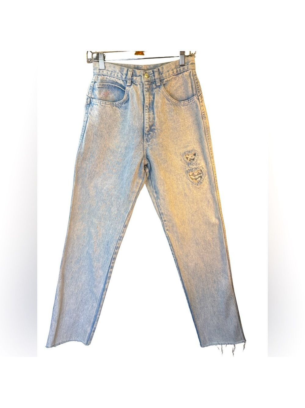 Roper Light Blue Women's Skinny Jeans with Heart Patches Frayed Hem 9/10